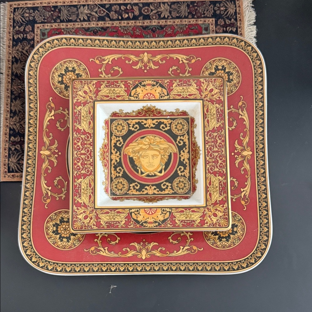Versace Red and Gold Ornate Square Plate Set Medusa Collection Vintage